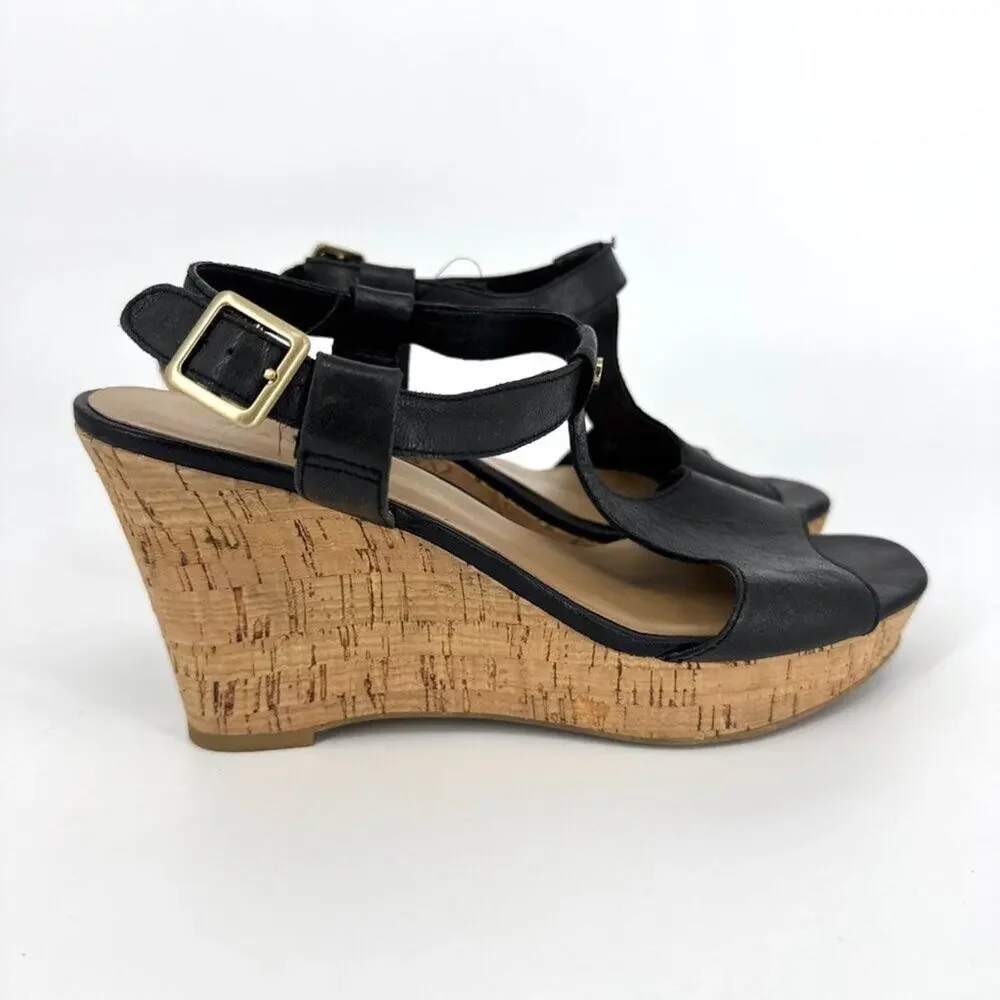 Franco Sarto Corridor Leather‎ T-Strap Cork Wedge Sandals Black Size 7.5